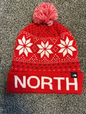 The North Face Fair Isle Knit Pom Pom Beanie Hat Red One Size Unisex